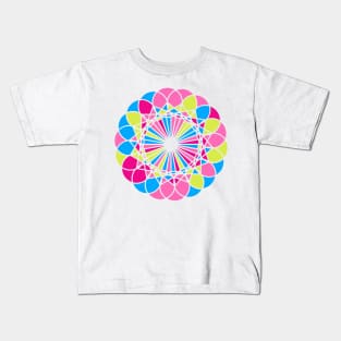 Random geometric elements in digital mandala in bright neon colors Kids T-Shirt